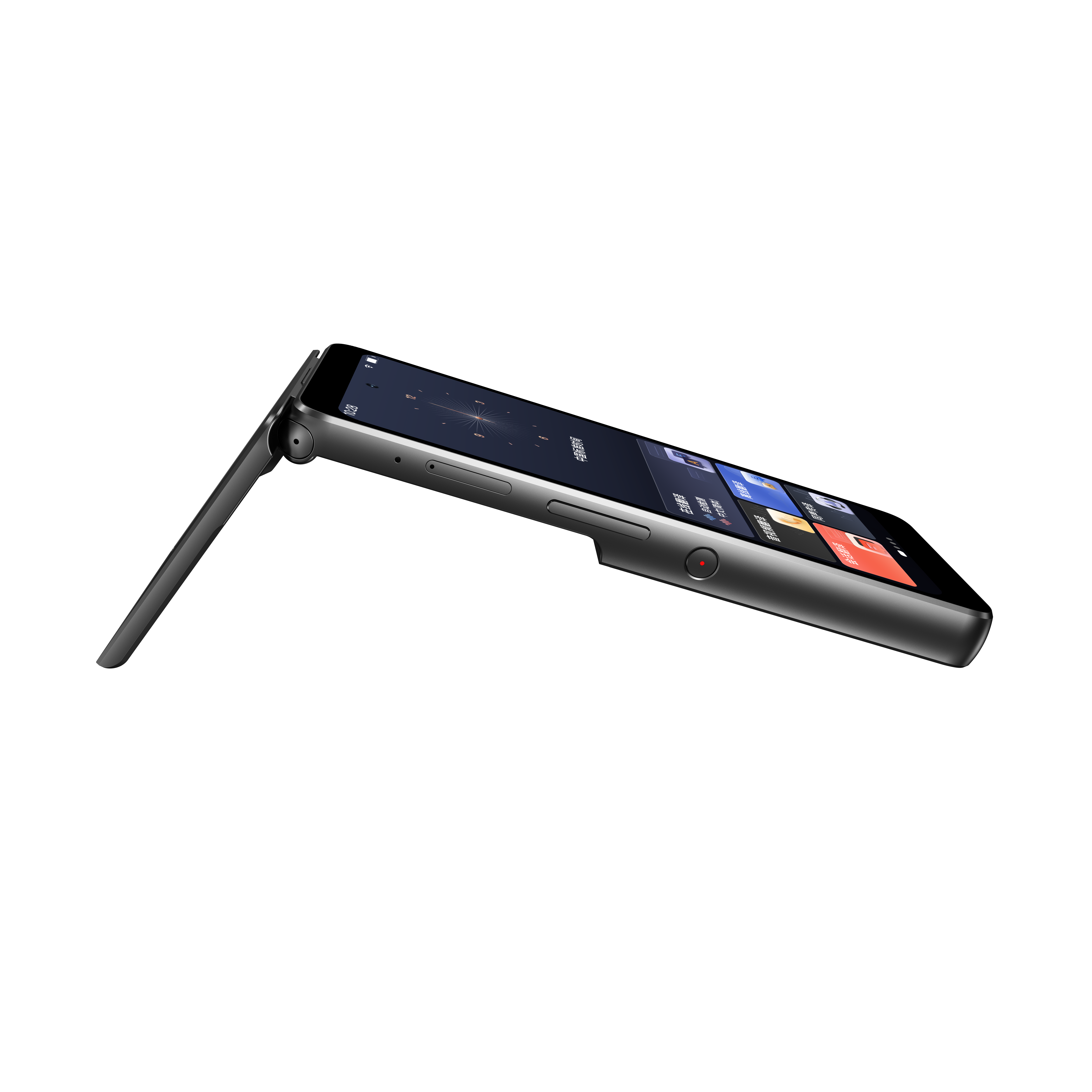 T90 folding dual-screen translator opened at a presentation angle